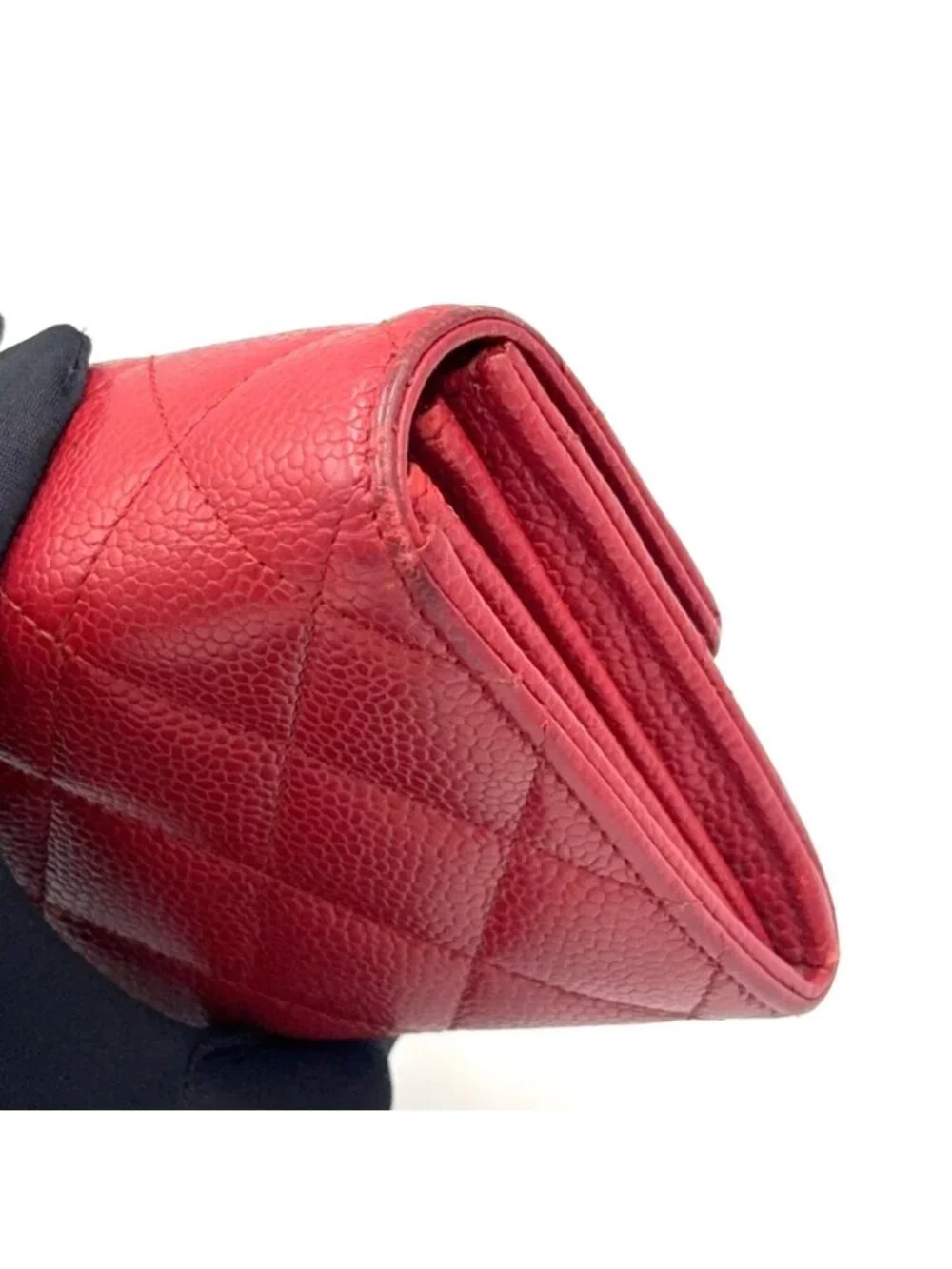 Chanel Quilted Caviar Leather Red Wallet Silver